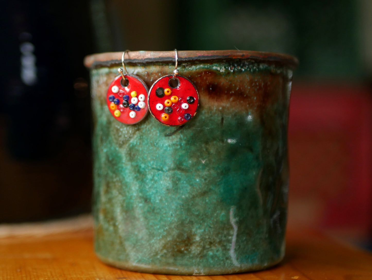 Red Enamel Confetti Earrings * Glass Dangle Earrings* Celebration Jewelry * Polka Dot Earrings * Party Jewelry * Pattern Earrings