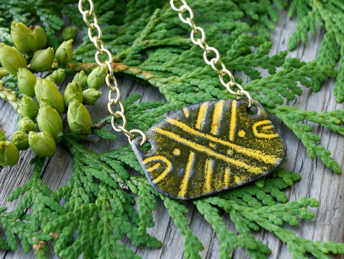 Black & Yellow Doodle Pendant *Copper Necklace * Enamel Jewelry * Sgraffito Jewelry *  Handmade Enamel Jewelry * Enameled Necklace *