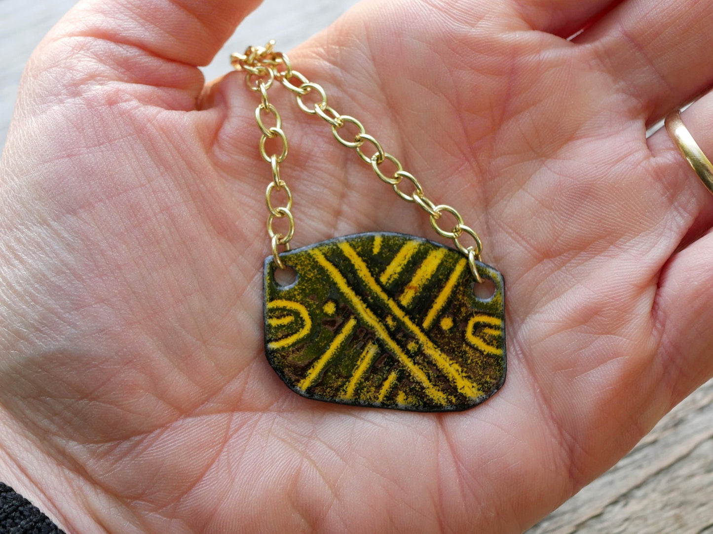Black & Yellow Doodle Pendant *Copper Necklace * Enamel Jewelry * Sgraffito Jewelry * Handmade Enamel Jewelry * Enameled Necklace *