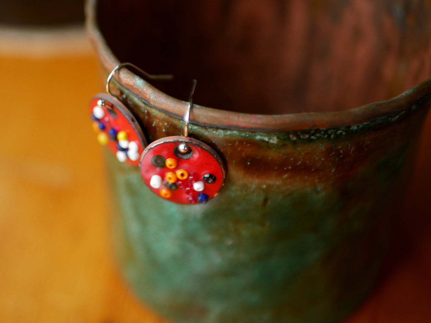 Red Enamel Confetti Earrings * Glass Dangle Earrings* Celebration Jewelry * Polka Dot Earrings * Party Jewelry * Pattern Earrings