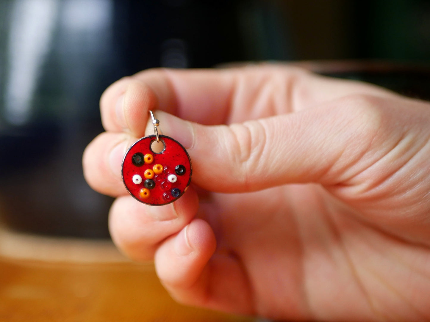 Red Enamel Confetti Earrings * Glass Dangle Earrings* Celebration Jewelry * Polka Dot Earrings * Party Jewelry * Pattern Earrings