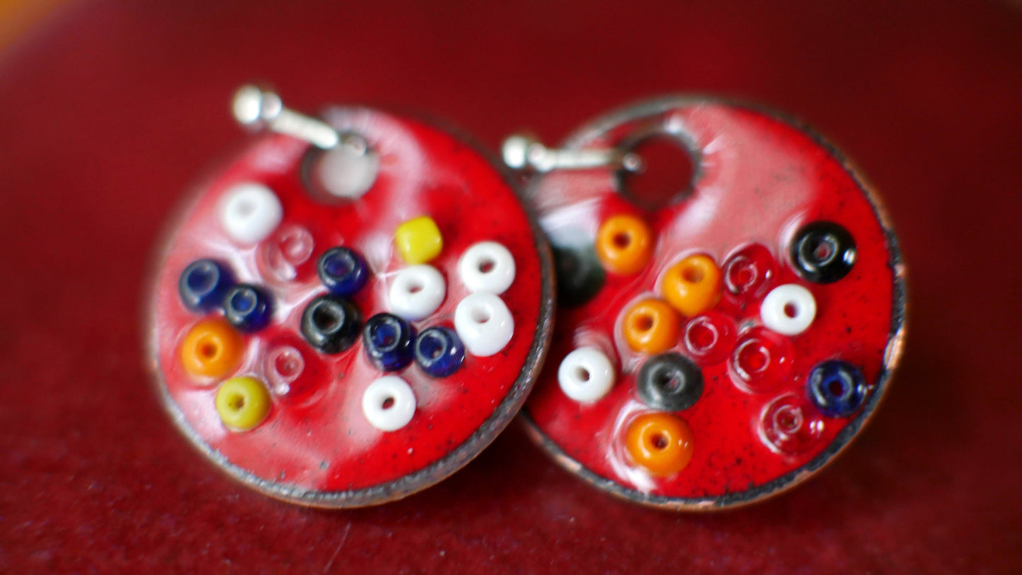Red Enamel Confetti Earrings * Glass Dangle Earrings* Celebration Jewelry * Polka Dot Earrings * Party Jewelry * Pattern Earrings