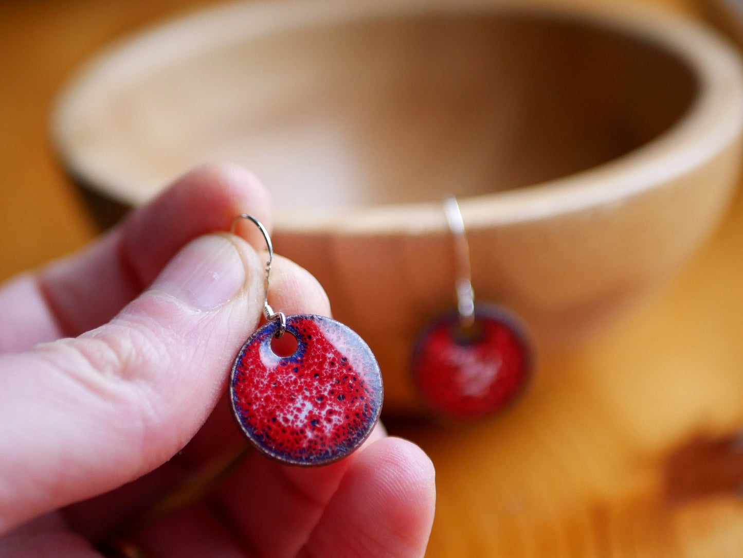 Red Spotted Earrings for Women * Copper Enamel Jewelry *Handmade Earrings *Round Earrings *Circle Jewelry * Enameled Copper * Bubbles