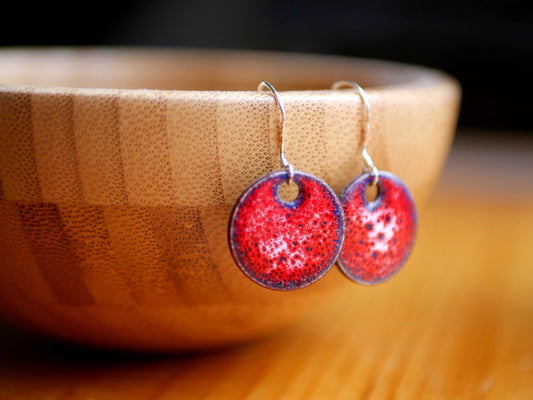 Red Spotted Earrings for Women * Copper Enamel Jewelry *Handmade Earrings *Round Earrings *Circle Jewelry * Enameled Copper * Bubbles