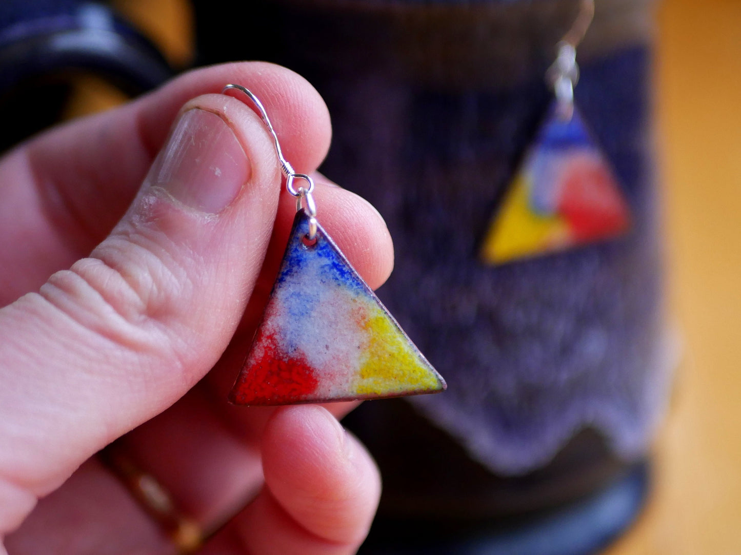 Primary Colors Short Dangle Earrings Women * Copper Enamel Jewelry* Handmade Earrings * Unique Teacher Earrings *Watercolor Enameled Copper