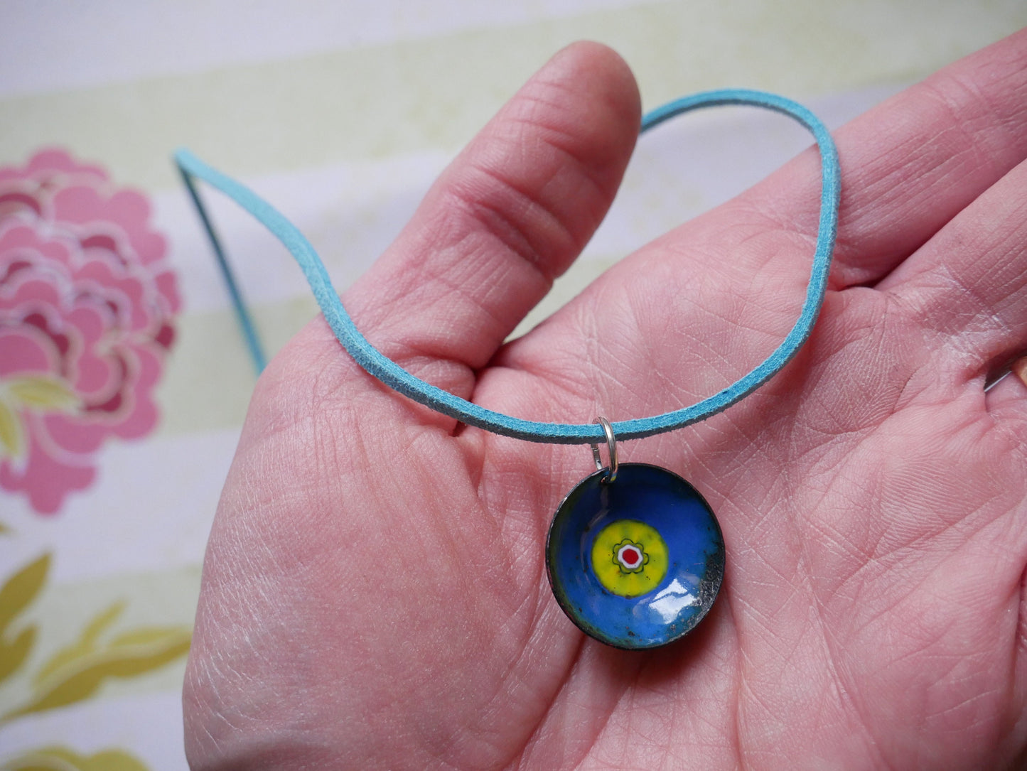 Flower Necklace for Her * Enameled Domed Necklace * Jewelry for Women * Handmade Torch Fired Enamel Necklace * Circle Necklace