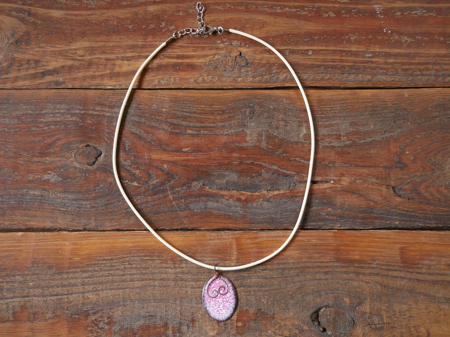 Enameled Copper Heart Necklace * Oval Pink and White Pendant * 7 Year Anniversary Gift for Women* Handmade Copper Necklace * Love 7th