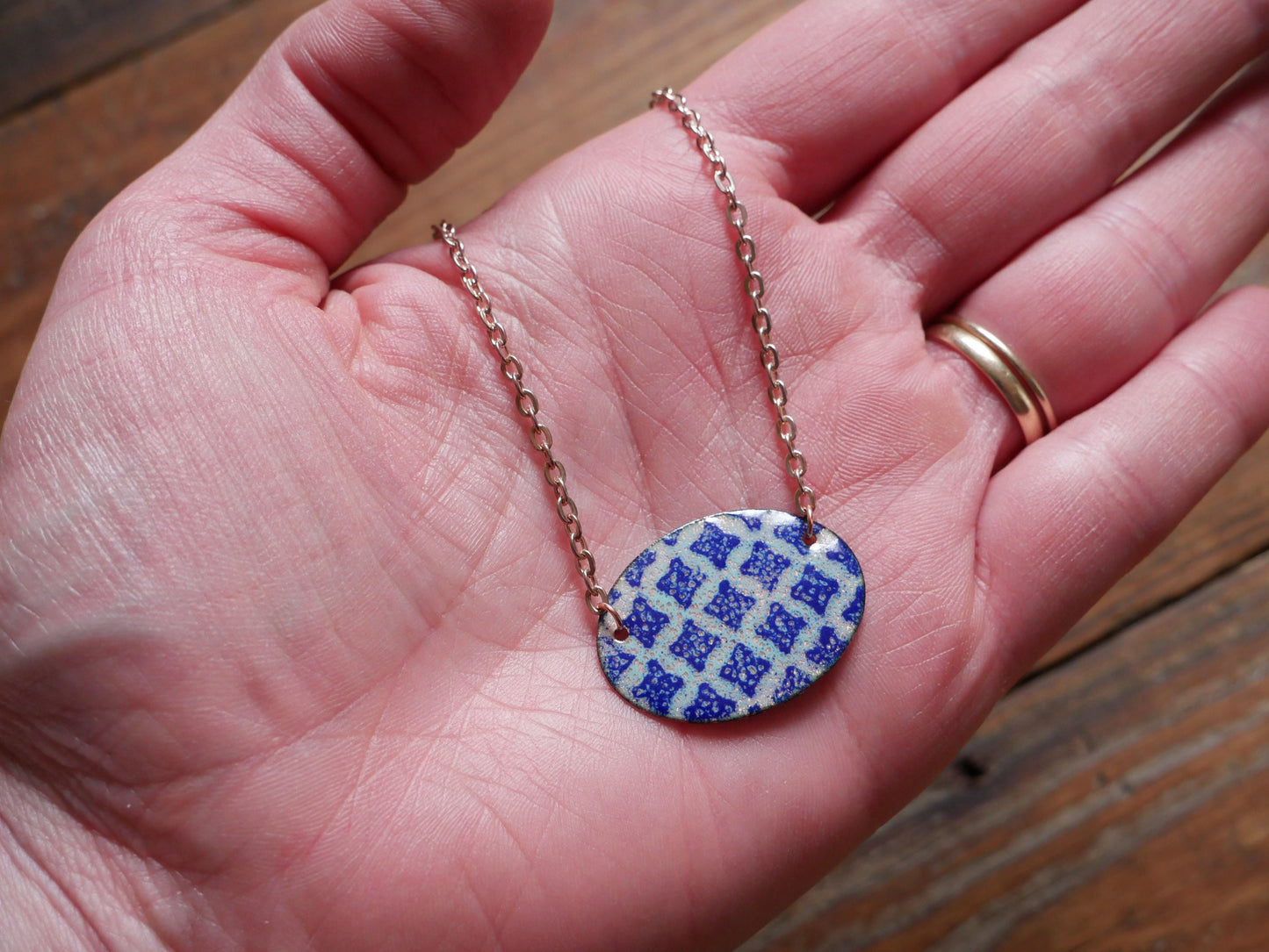 Geometric Pattern Oval Necklace * Geometric Jewelry * Enamel Jewelry * Geometric Pendant * Shapes Jewelry * Handmade Blue Necklace