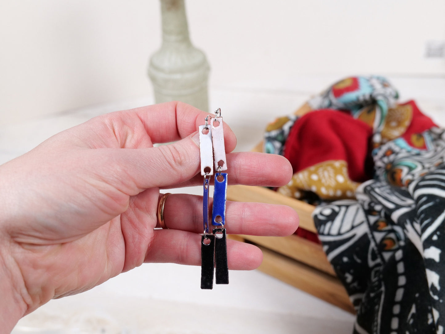 Dangle Bar Earrings * Rectangle Multicolor Enameled Copper Earrings * Rainbow Earrings * 7 Year Anniversary *Copper Jewelry Gifts for Wife