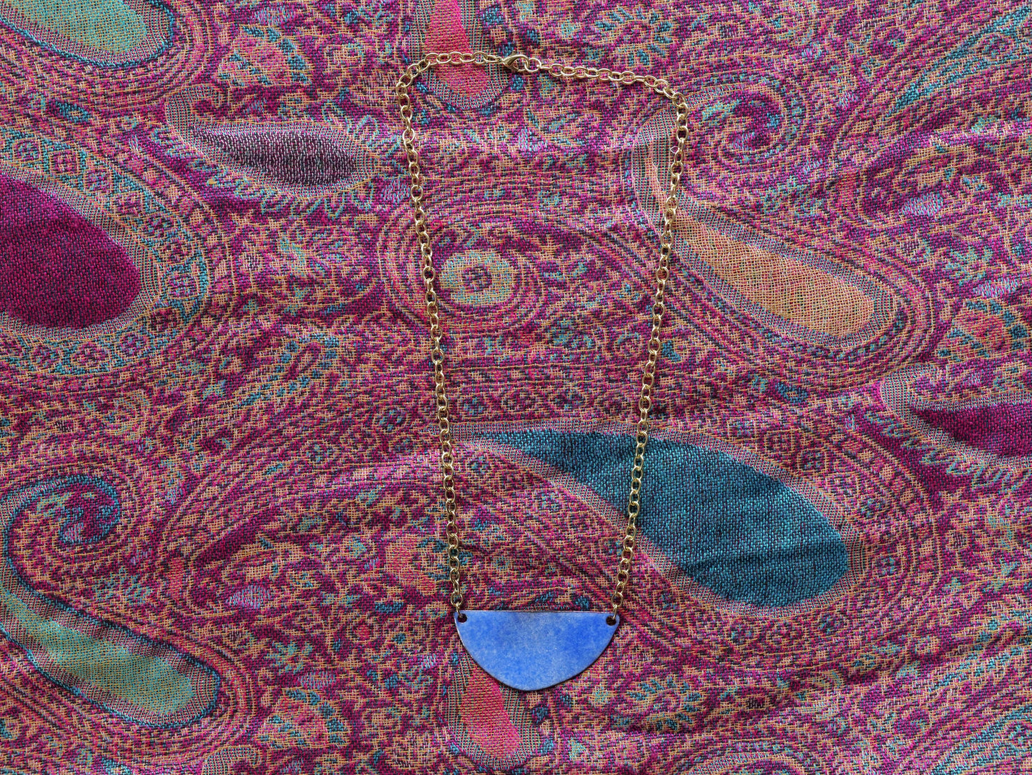 Blue Semi Circle Necklace * Geometric Jewelry * Handmade Enamel Jewelry * Blue Pendant with Brass Chain * Unique