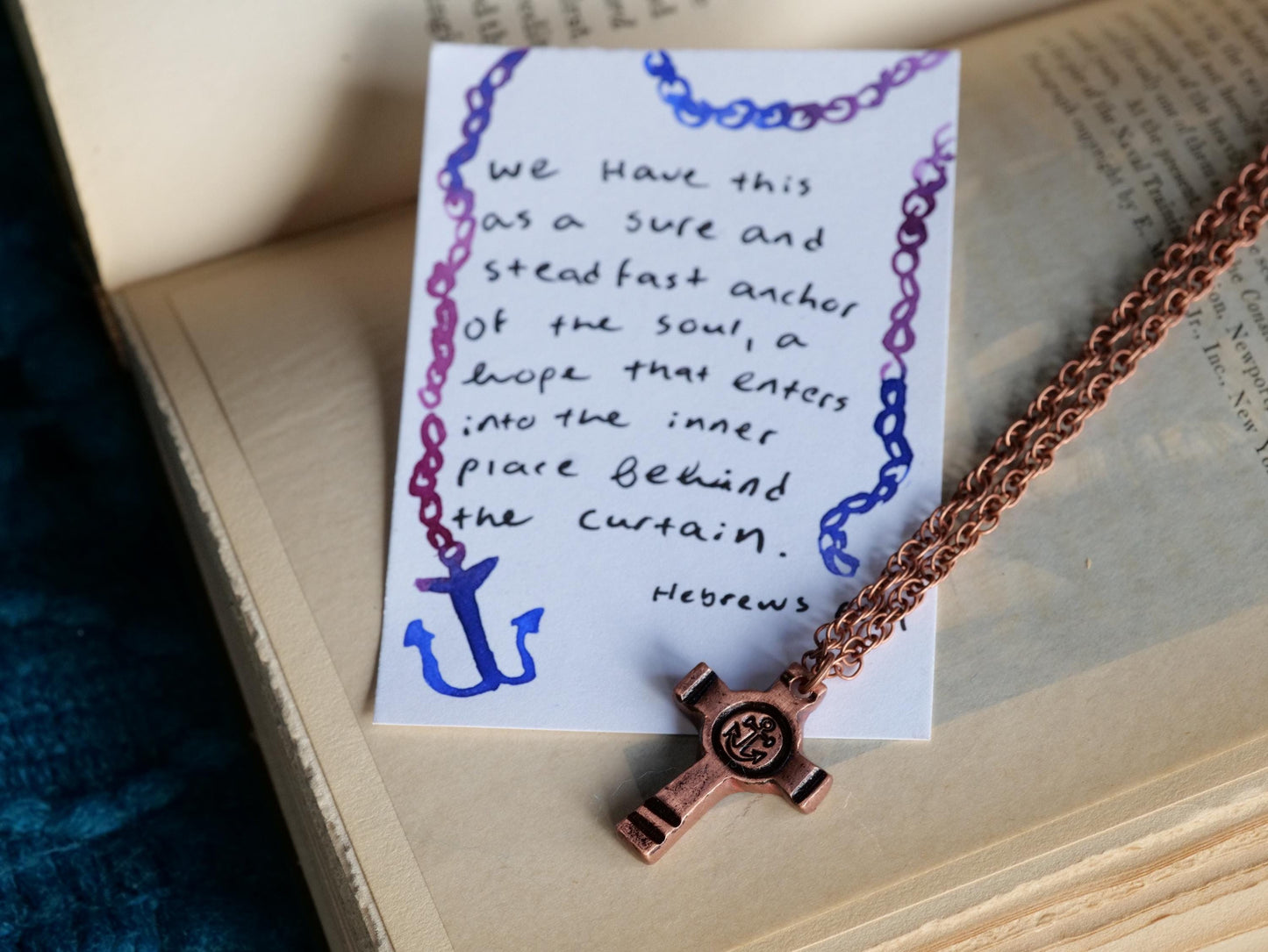 Stamped Copper Anchor Necklace * Small Anchor Pendant * Jewelry for Men or for Women * Christian Bible Verse Gifts * Hebrews 6:19 *Circle