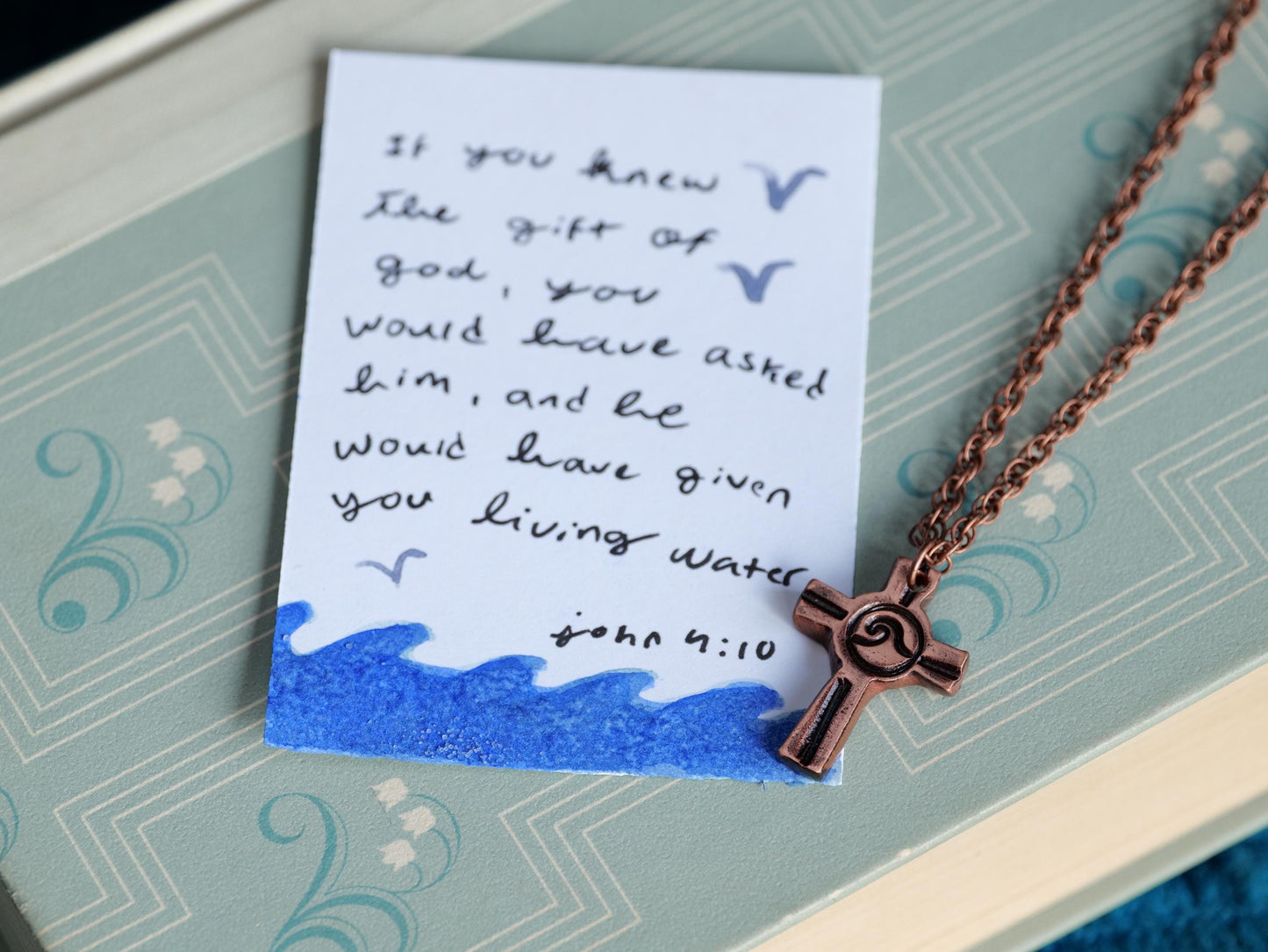 Stamped Cross Copper Water Necklace * Small Wave Pendant * Wave Jewelry for Men or for Women * Bible Verse Gifts * John 4:10 * Circle Cross
