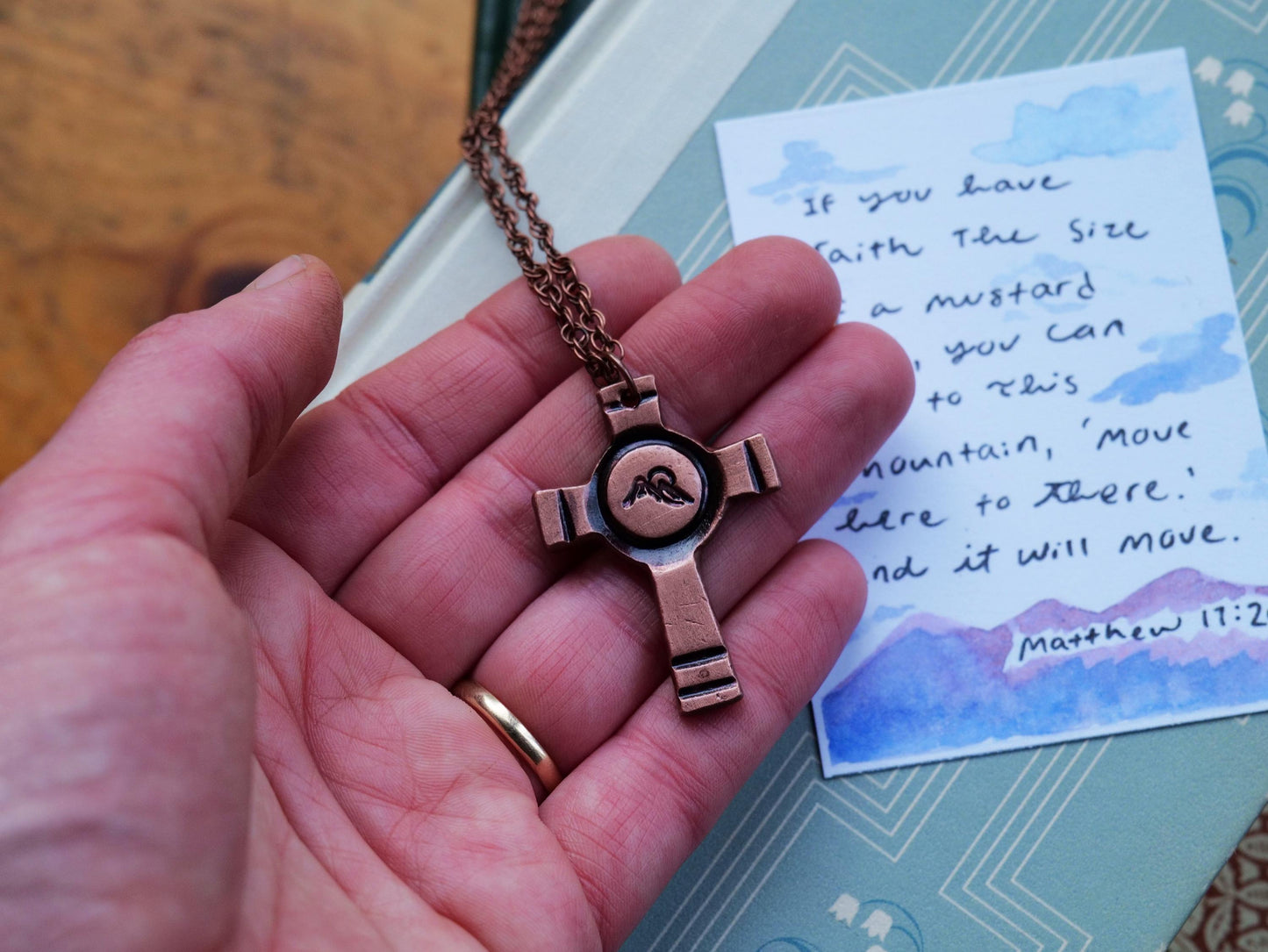 Copper Mountain Cross Necklace * Matthew 17:20 Jewelry *Bible Verse Gifts * Christian Jewelry for Men Women * Mustard Seed Necklace Circle