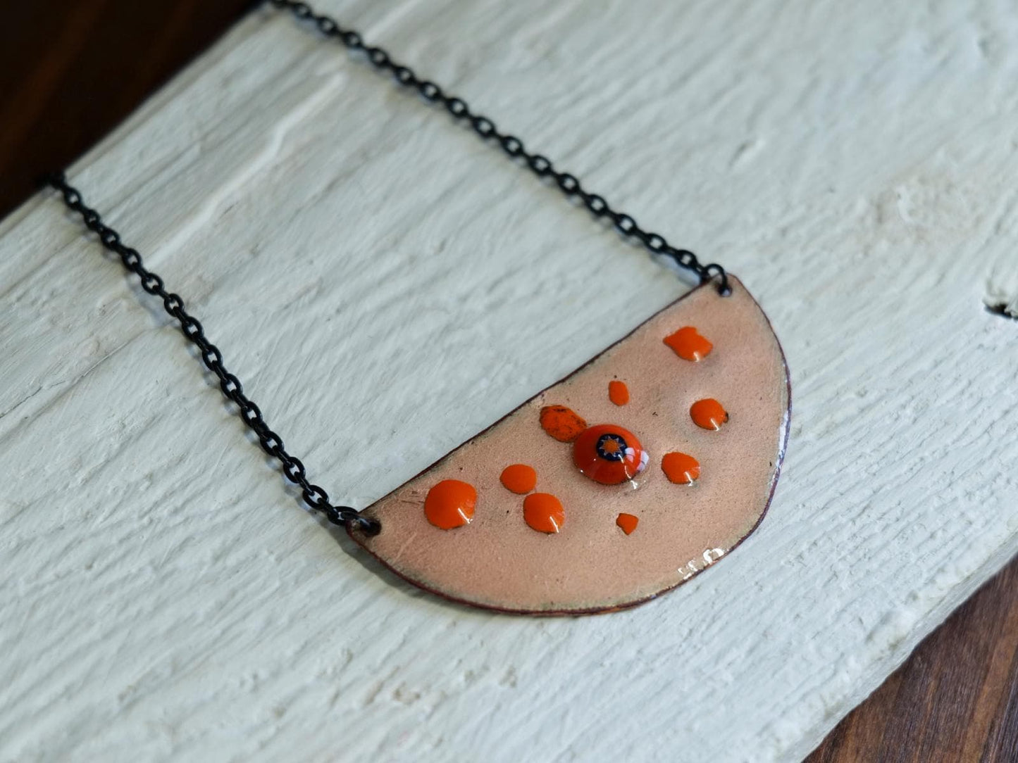 Half Circle Necklace with Flower Design * Enamel Jewelry * Flower Pendant Necklace * Enamel Pendant on Copper * Handmade Enamel Jewelry
