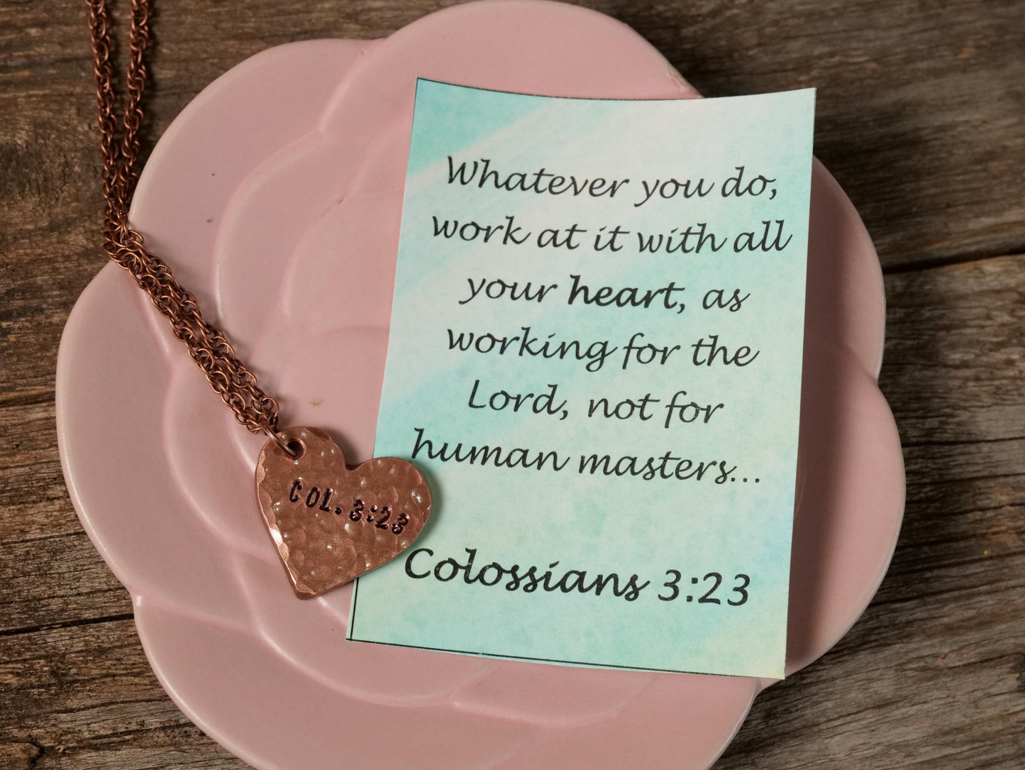 Colossians 3:23 Pendant * Bible Verse Gifts * Christian Cross Jewelry for Men for Women * Work at It with All Your Heart * Heart Necklace