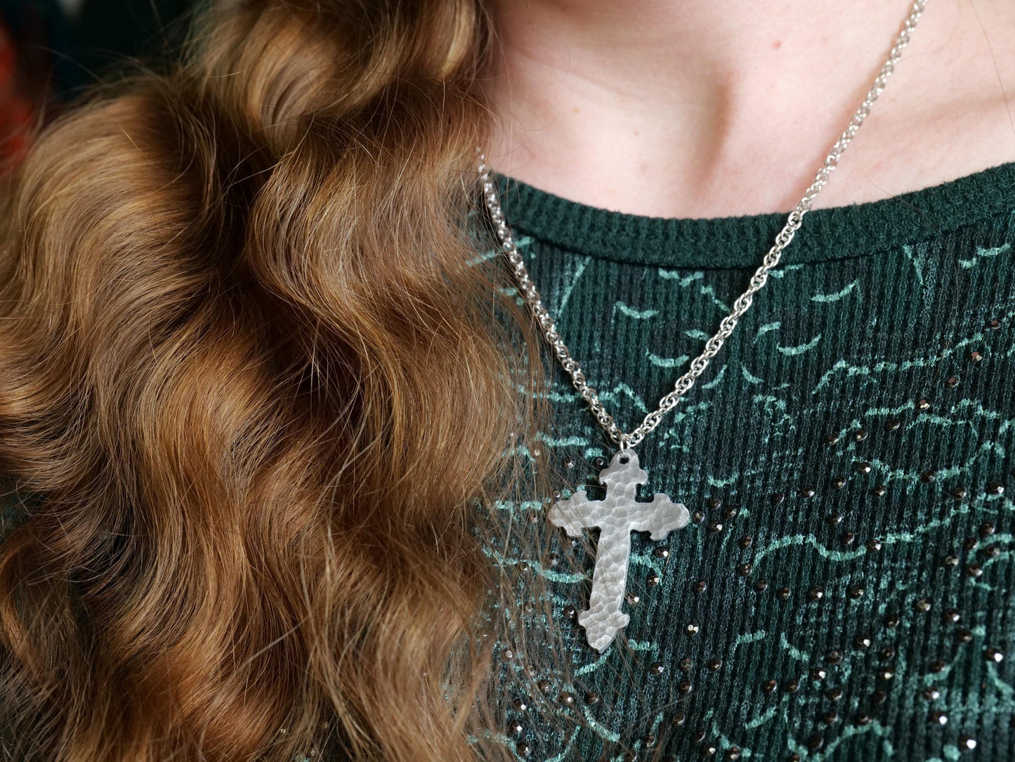 Forged Fleur De Lis Cross Necklace * Hand Forged Aluminum Cross * Hammered Cross Pendant * Christian Gift for Men or Women Aluminum Jewelry