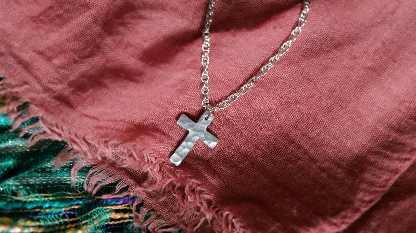 Small Forged Aluminum Cross * Hammered Cross Pendant * Christian Gift for Men or Women * Forged Cross Necklace * Handmade Aluminum Jewelry