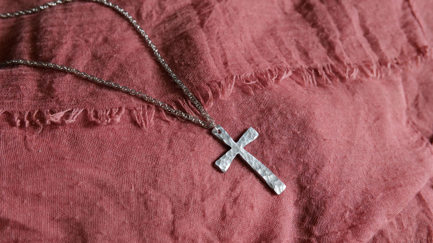 Hand Forged Aluminum Cross * Hammered Cross Pendant * Christian Gift for Men or Women * Forged Cross Necklace * Handmade Jewelry Tapered