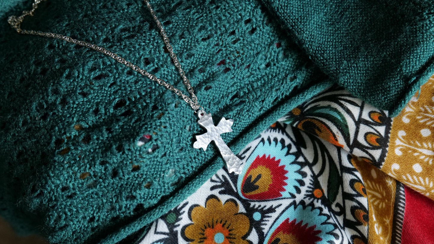 Hand Forged Aluminum Cross * Hammered Fancy Cross Pendant * Christian Gift for Men or Women * Forged Cross Necklace * Aluminum Jewelry