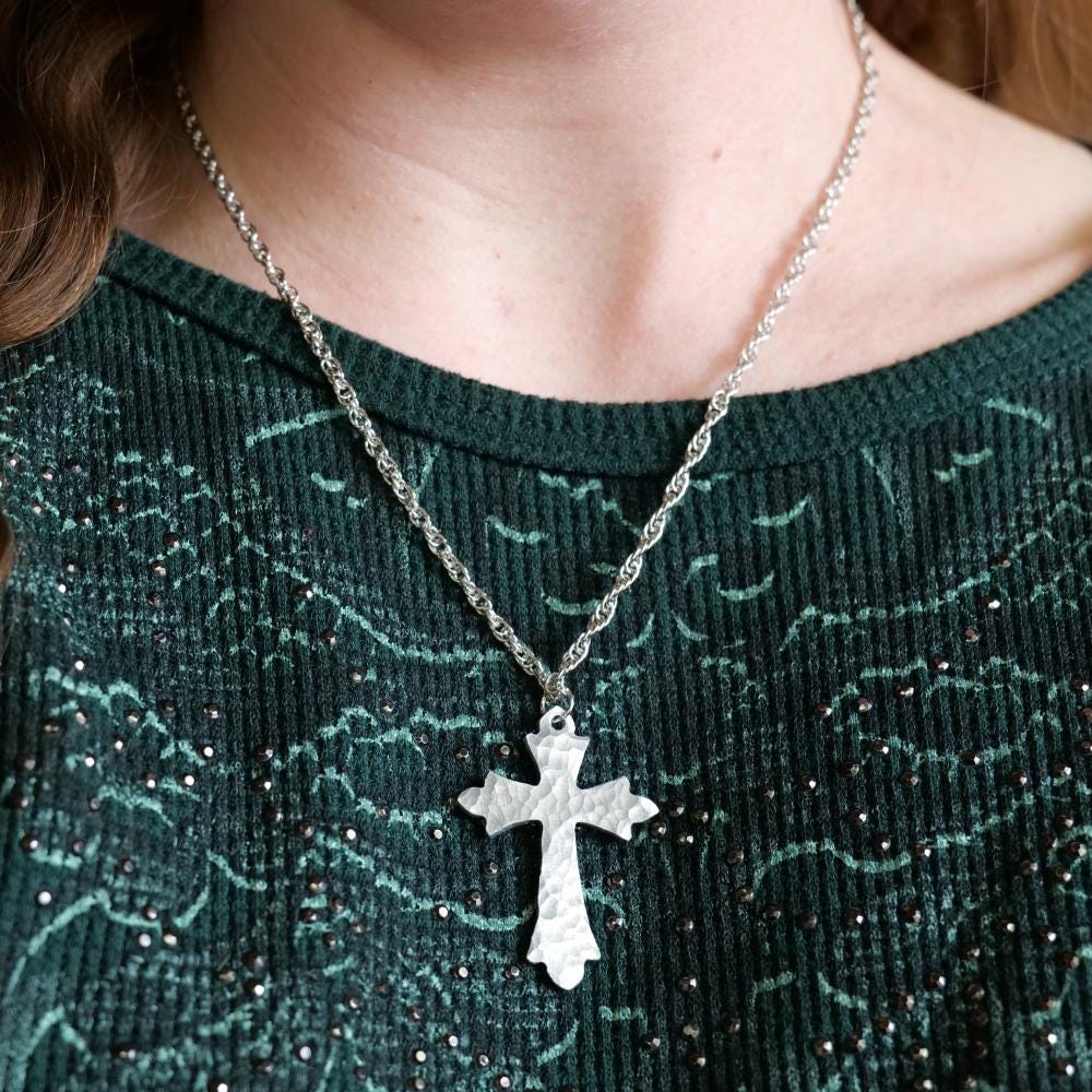 Hand Forged Aluminum Cross * Hammered Fancy Cross Pendant * Christian Gift for Men or Women * Forged Cross Necklace * Aluminum Jewelry