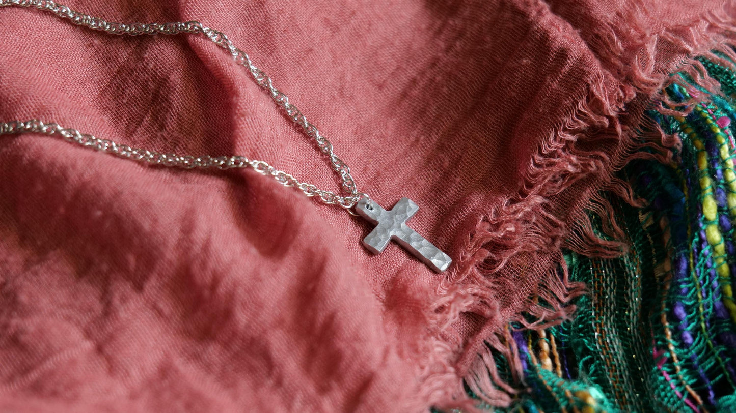 Small Forged Aluminum Cross * Hammered Cross Pendant * Christian Gift for Men or Women * Forged Cross Necklace * Handmade Aluminum Jewelry