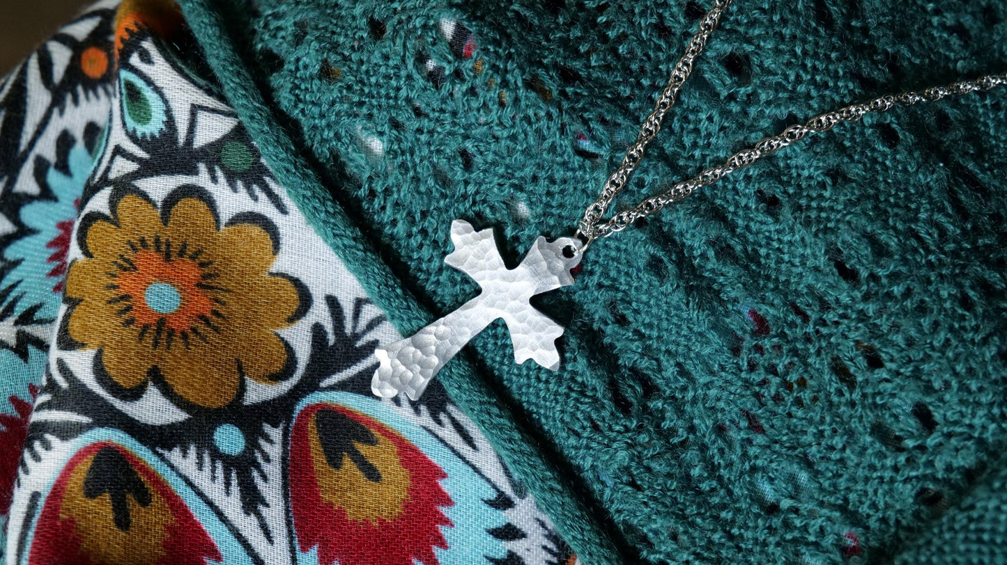 Hand Forged Aluminum Cross * Hammered Fancy Cross Pendant * Christian Gift for Men or Women * Forged Cross Necklace * Aluminum Jewelry