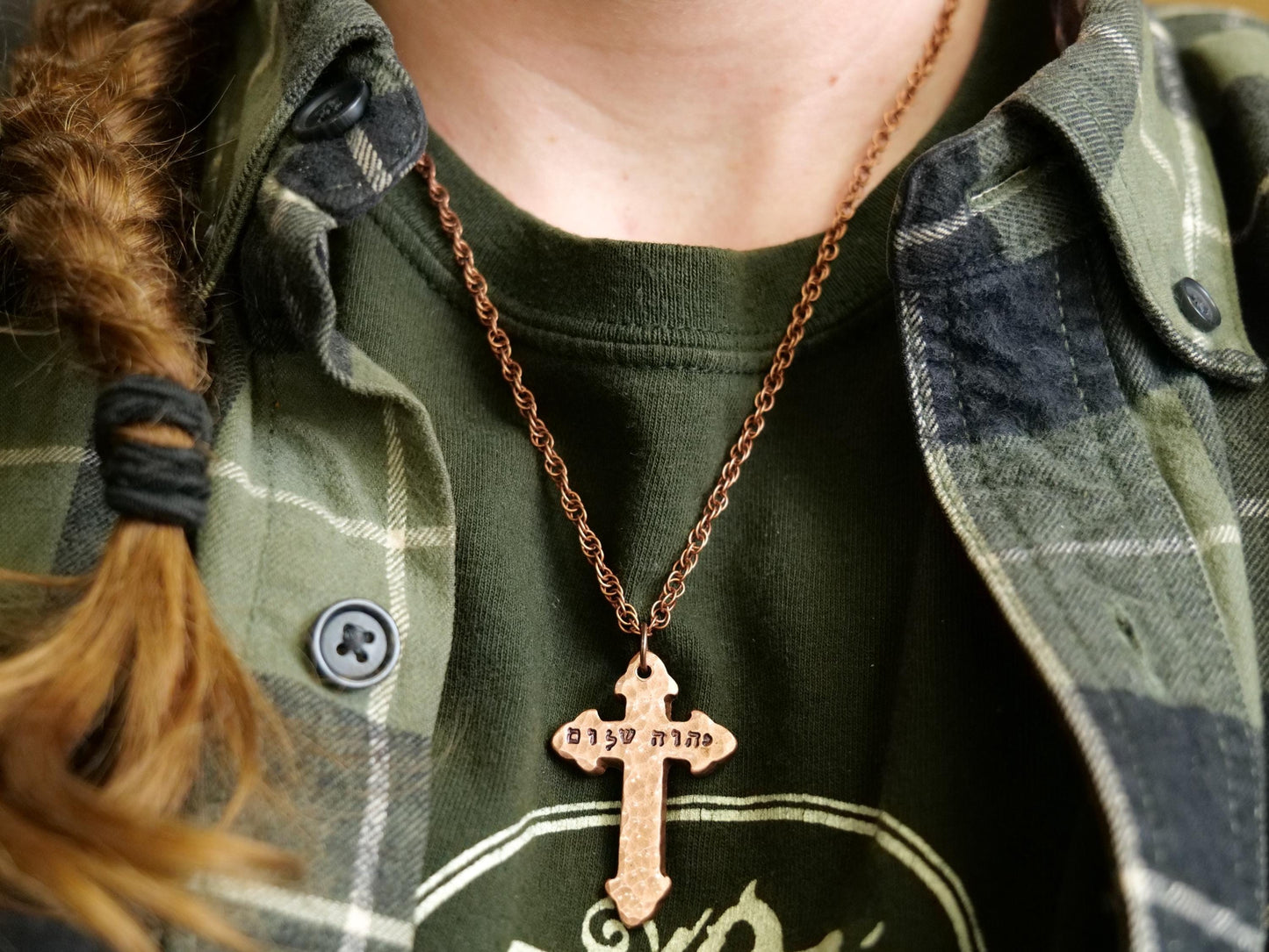 Cross Jehovah Shalom Necklace * Christian Gift for Women & for Men * Hebrew Pendants * Fleur de Lis Copper Cross Pendant *Names of God