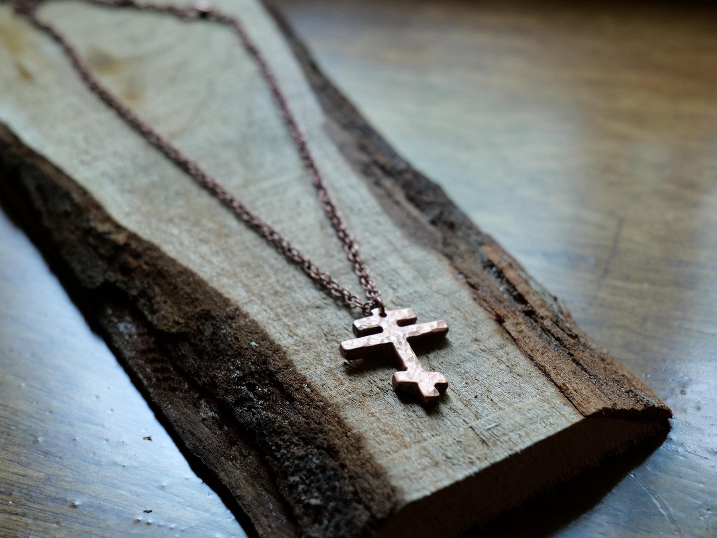 Forged Small Tri Bar Copper Cross Necklace * Hammered Orthodox Cross Pendant * Christian Gift for Men or Women * Forged Three Bar Cross