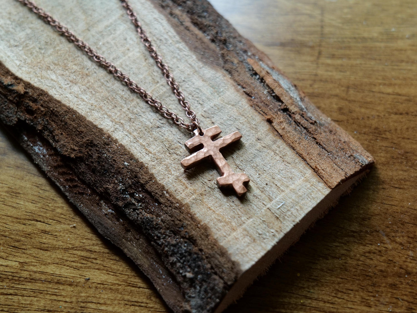 Forged Small Tri Bar Copper Cross Necklace * Hammered Orthodox Cross Pendant * Christian Gift for Men or Women * Forged Three Bar Cross