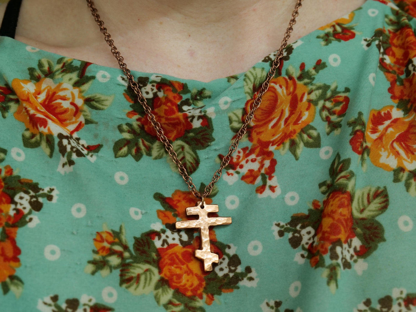 Forged Small Tri Bar Copper Cross Necklace * Hammered Orthodox Cross Pendant * Christian Gift for Men or Women * Forged Three Bar Cross
