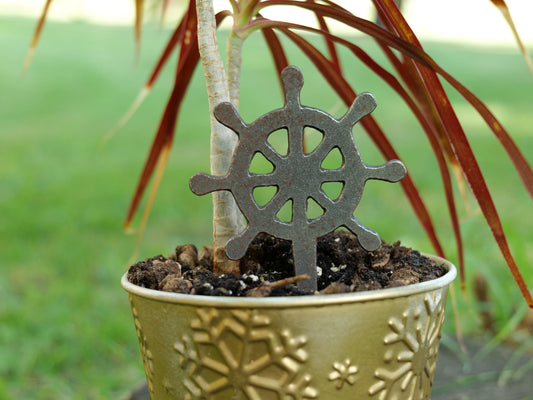 Ship Wheel Metal Planter Decoration * Garden Stake * House Plant Decorations* Outdoor Stake Decorations * Fairy Garden Accessories * Plant