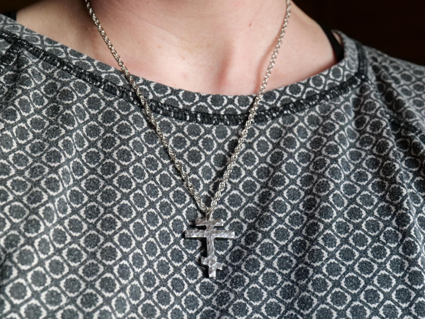 Forged Small Tri Bar Steel Cross Necklace * Hammered Orthodox Cross Pendant * Christian Gift for Men or Women * Forged Three Bar Cross