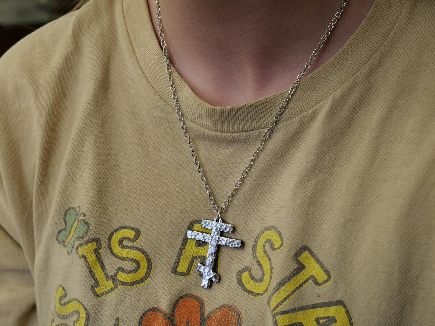 Large Tri Bar Steel Cross Necklace * Hammered Orthodox Cross Pendant * Christian Gift for Men or Women * Forged Three Bar Cross Necklace