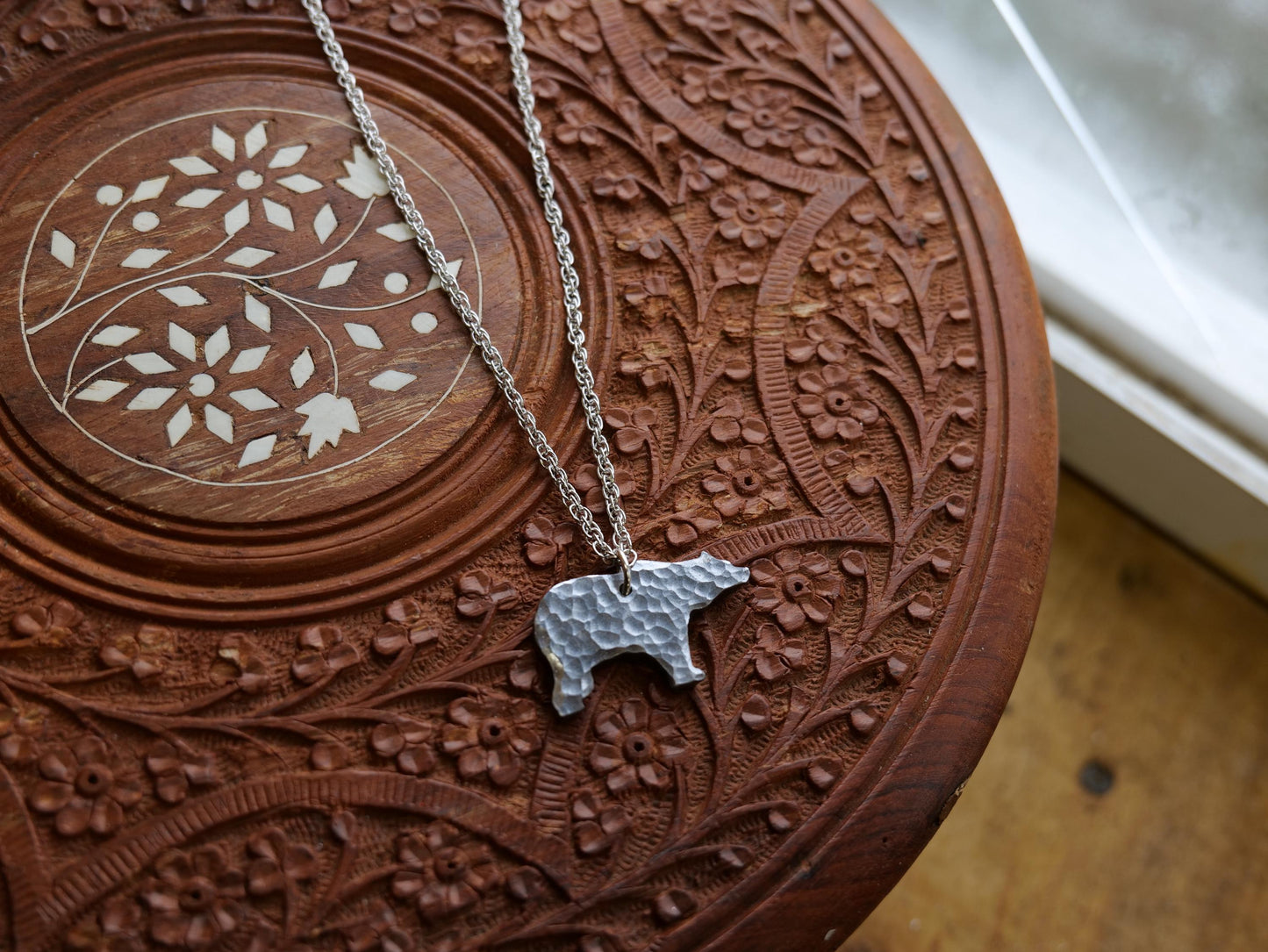 Steel Bear Necklace * Wildlife Pendant * Nature Jewelry for Men or for Women *Hammered Bear Necklace Gifts for Him or Her