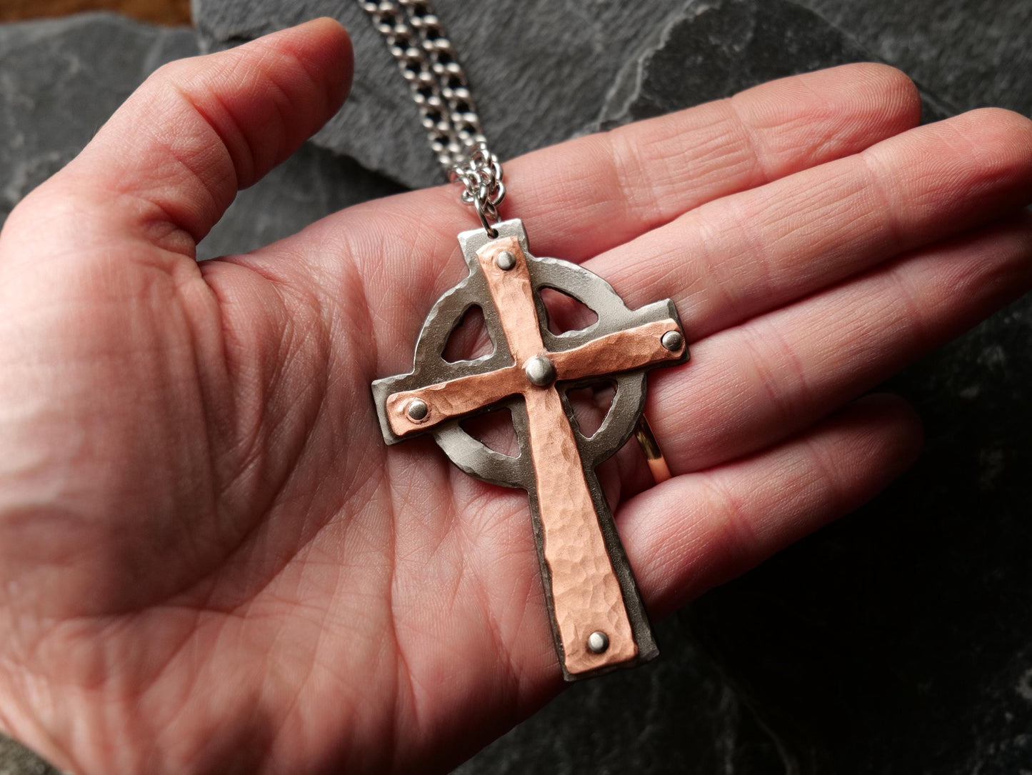 Hand Forged Steel & Copper Celtic Cross * Pectoral Cross Necklace * Hammered Cross Pendant * Christian Gift for Men Women *Riveted Necklace