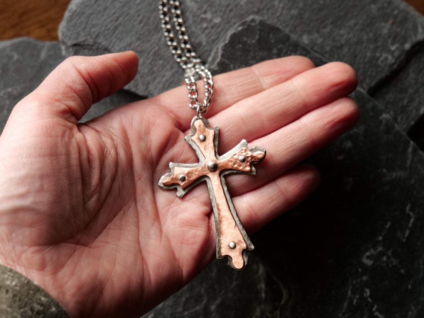 Hand Forged Steel & Copper Fancy Cross * Pectoral Cross Necklace * Hammered Cross Pendant * Christian Gift for Men Women * Riveted Necklace