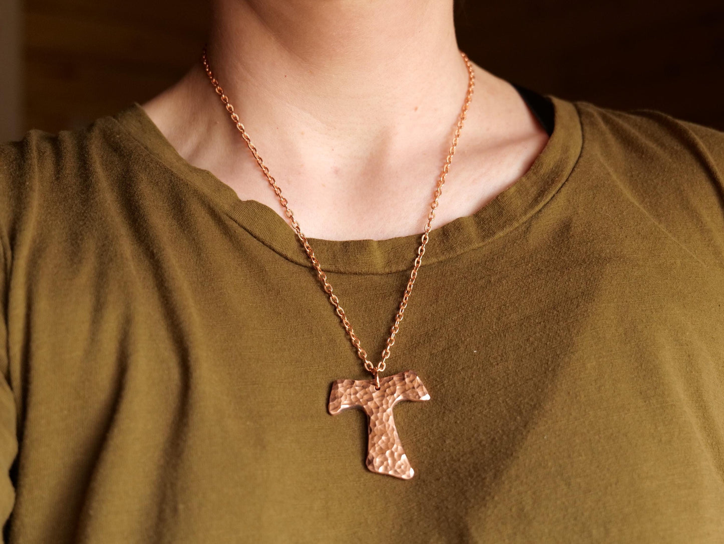 Hammered Raw Copper Fancy Tau Cross Necklace * Saint Francis of Assisi Cross Necklace * Forged Cross Necklace * Franciscan Copper Necklace