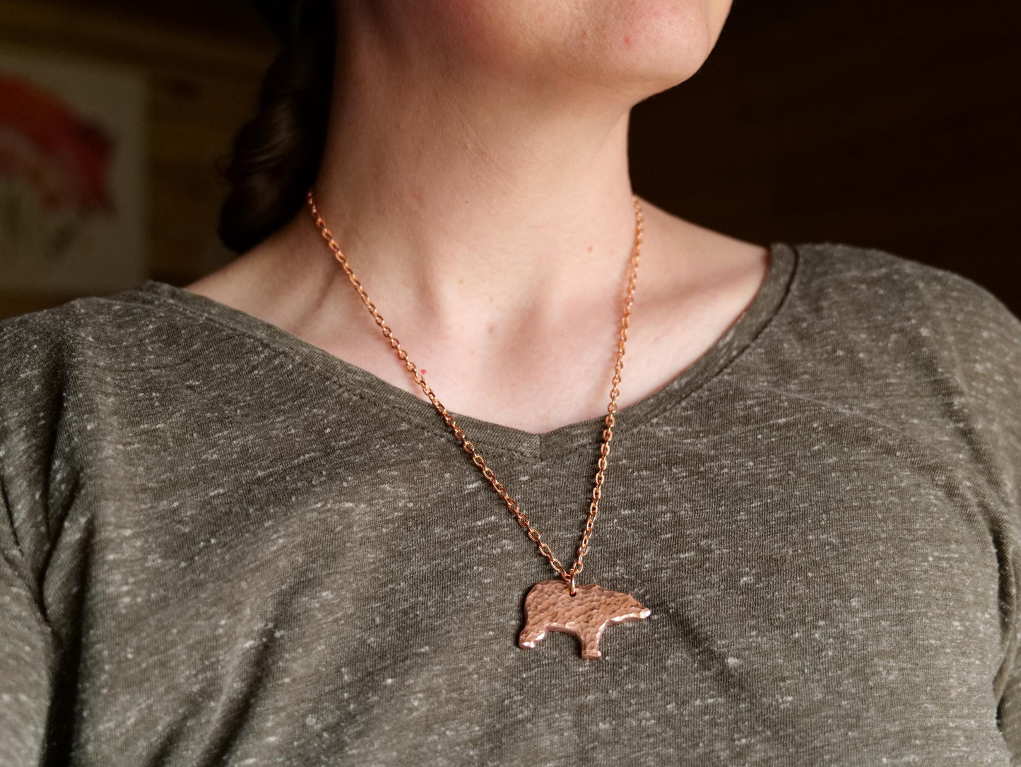 Copper Bear Necklace * Wildlife Pendant * Nature Jewelry for Men or for Women *Hammered Bear Necklace Gifts for Him or Her