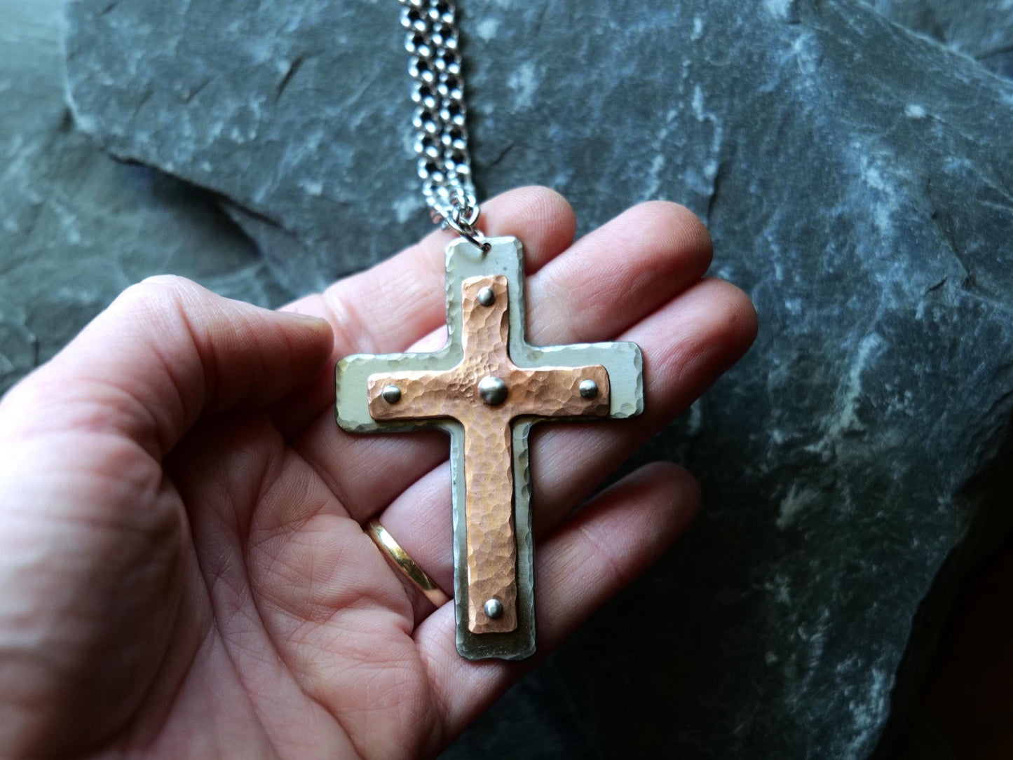 Hand Forged Steel & Copper Basic Cross * Pectoral Cross Necklace * Hammered Cross Pendant * Christian Gift for Men Women * Riveted Necklace