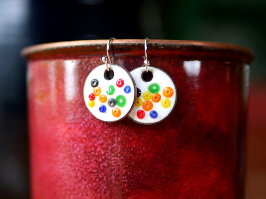 White Enamel Confetti Earrings * Glass Dangle Earrings*  Celebration Jewelry * Polka Dot Earrings * Party Jewelry * Pattern Earrings
