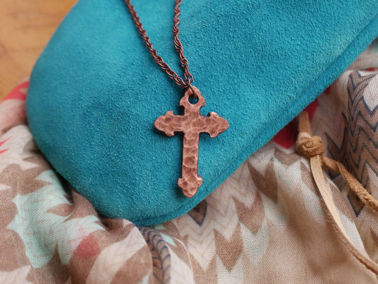Forged Fleur De Lis Cross Necklace * Hand Forged Copper Cross * Hammered Cross Pendant * Christian Gift for Men or Women * Copper Necklace