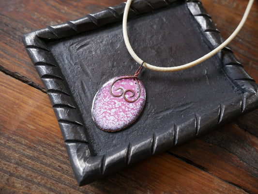 Enameled Copper Heart Necklace * Oval Pink and White Pendant * 7 Year Anniversary Gift for Women* Handmade Copper Necklace * Love 7th
