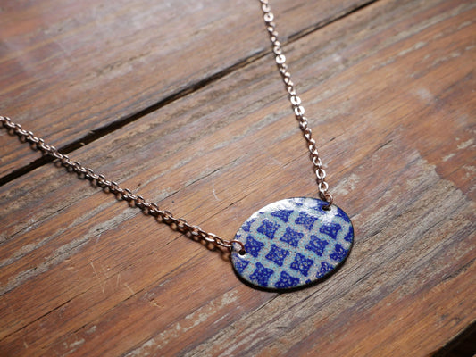Geometric Pattern Oval Necklace * Geometric Jewelry * Enamel Jewelry * Geometric Pendant * Shapes Jewelry * Handmade Blue Necklace