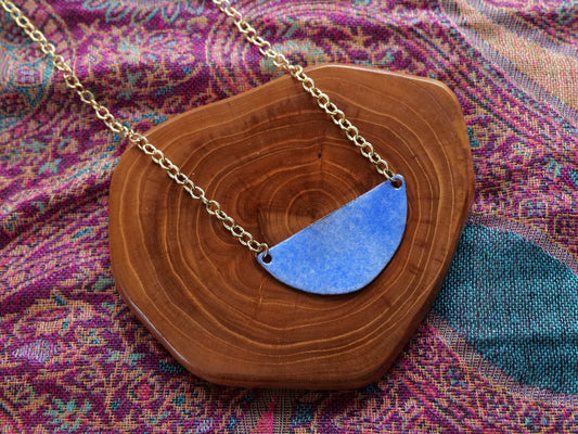 Blue Semi Circle Necklace * Geometric Jewelry * Handmade Enamel Jewelry * Blue Pendant with Brass Chain * Unique