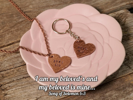 Song of Solomon 6:3 Copper Heart Necklace and Keychain* His and Hers Gifts Set * 7 Year Anniversary Gift for Him for Her * Christian Gifts