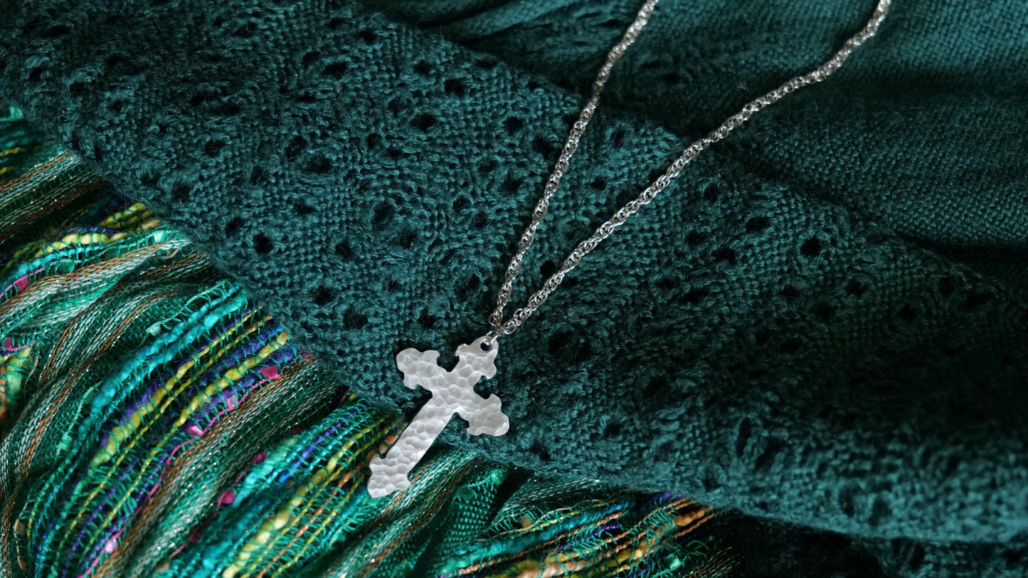 Forged Fleur De Lis Cross Necklace * Hand Forged Aluminum Cross * Hammered Cross Pendant * Christian Gift for Men or Women Aluminum Jewelry