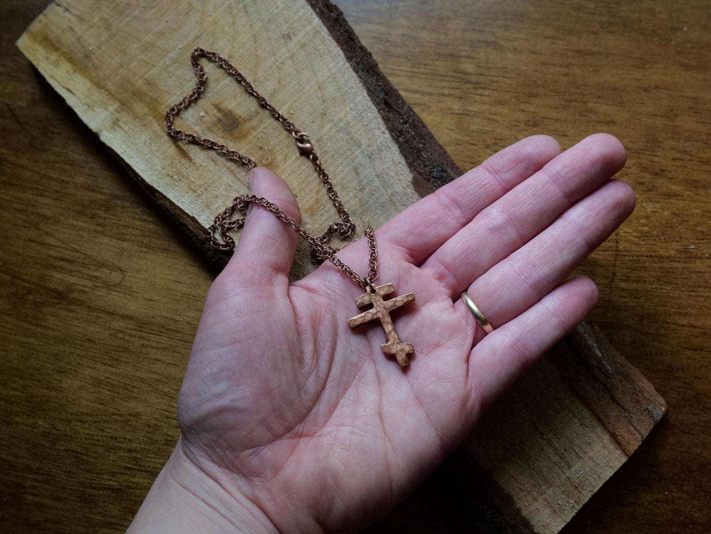 Forged Small Tri Bar Copper Cross Necklace * Hammered Orthodox Cross Pendant * Christian Gift for Men or Women * Forged Three Bar Cross