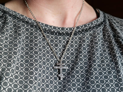 Forged Small Tri Bar Steel Cross Necklace * Hammered Orthodox Cross Pendant * Christian Gift for Men or Women * Forged Three Bar Cross