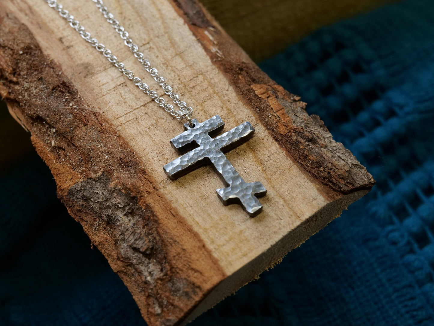 Forged Tri Bar Steel Cross Necklace * Hammered Orthodox Cross Pendant * Christian Gift for Men or Women * Forged Three Bar Cross Necklace