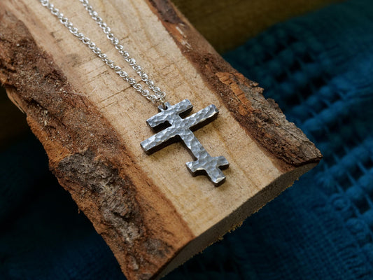 Forged Tri Bar Steel Cross Necklace * Hammered Orthodox Cross Pendant * Christian Gift for Men or Women * Forged Three Bar Cross Necklace